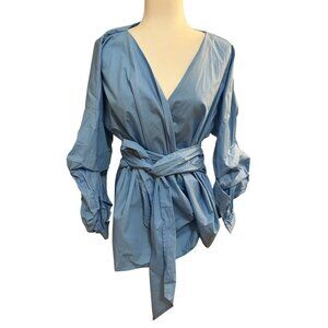 NWT Aomei Blue Wrap Blouse Puff Sleeves & Waist Tie 2XL